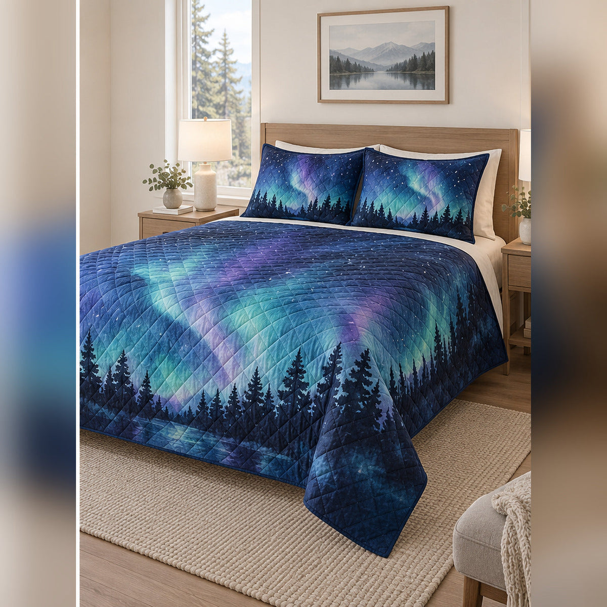 Watercolor Aurora Watch Quilt Set, angled stargazing bedroom view