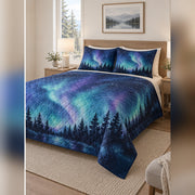 Watercolor Aurora Watch Quilt Set, angled stargazing bedroom view