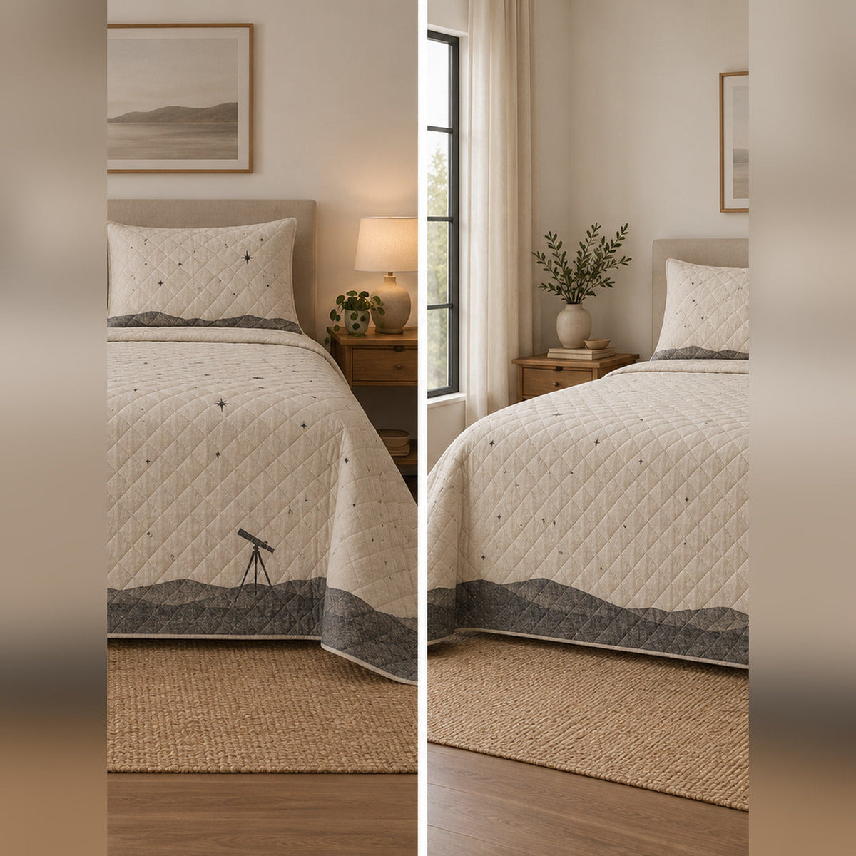 Minimal Horizon Stars Quilt Set, front stargazing bedroom view