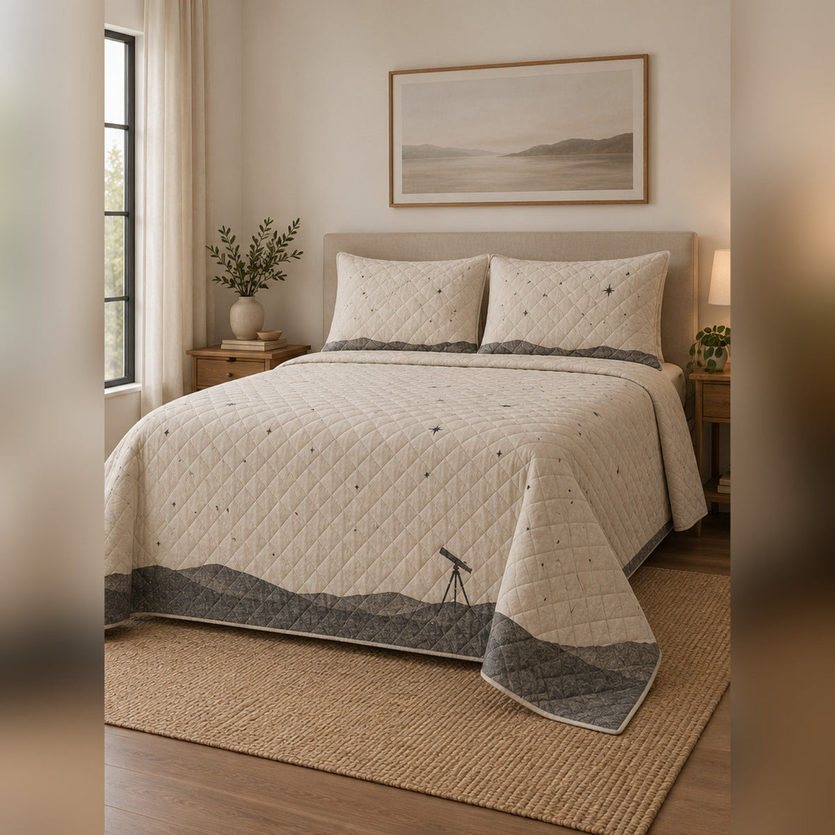 Minimal Horizon Stars Quilt Set, angled stargazing bedroom view
