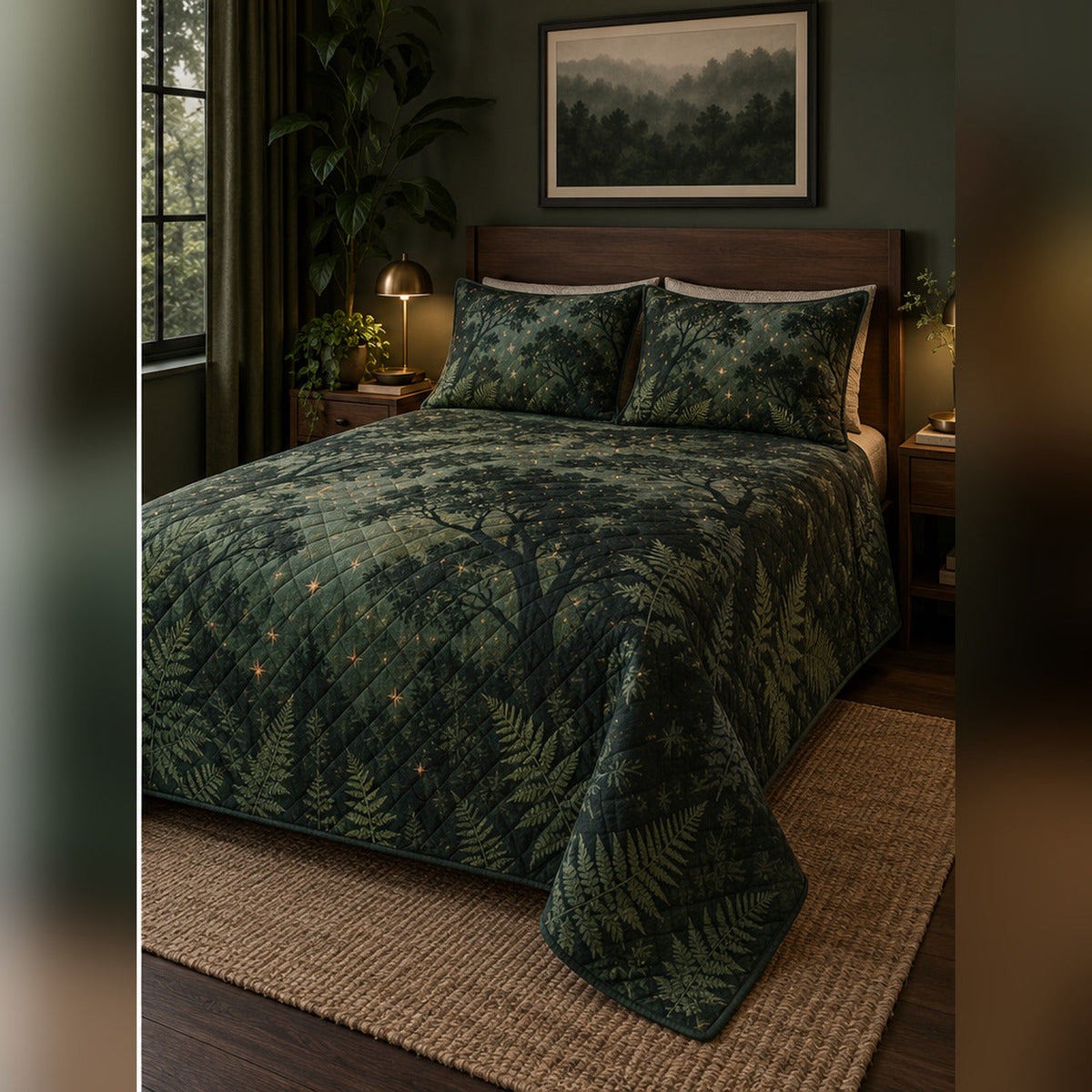 Forest Canopy Sky Quilt Set, angled stargazing bedroom view