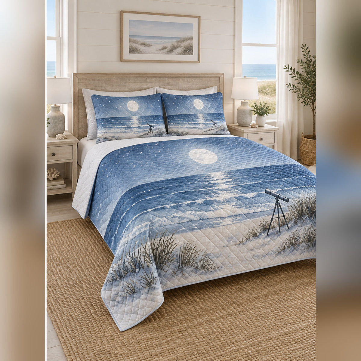 Coastal Moonwatch Quilt Set, angled stargazing bedroom view