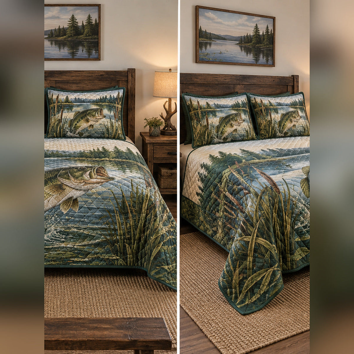 Lake Reeds Largemouth Bass Quilt Set, front bass fishing bedroom view