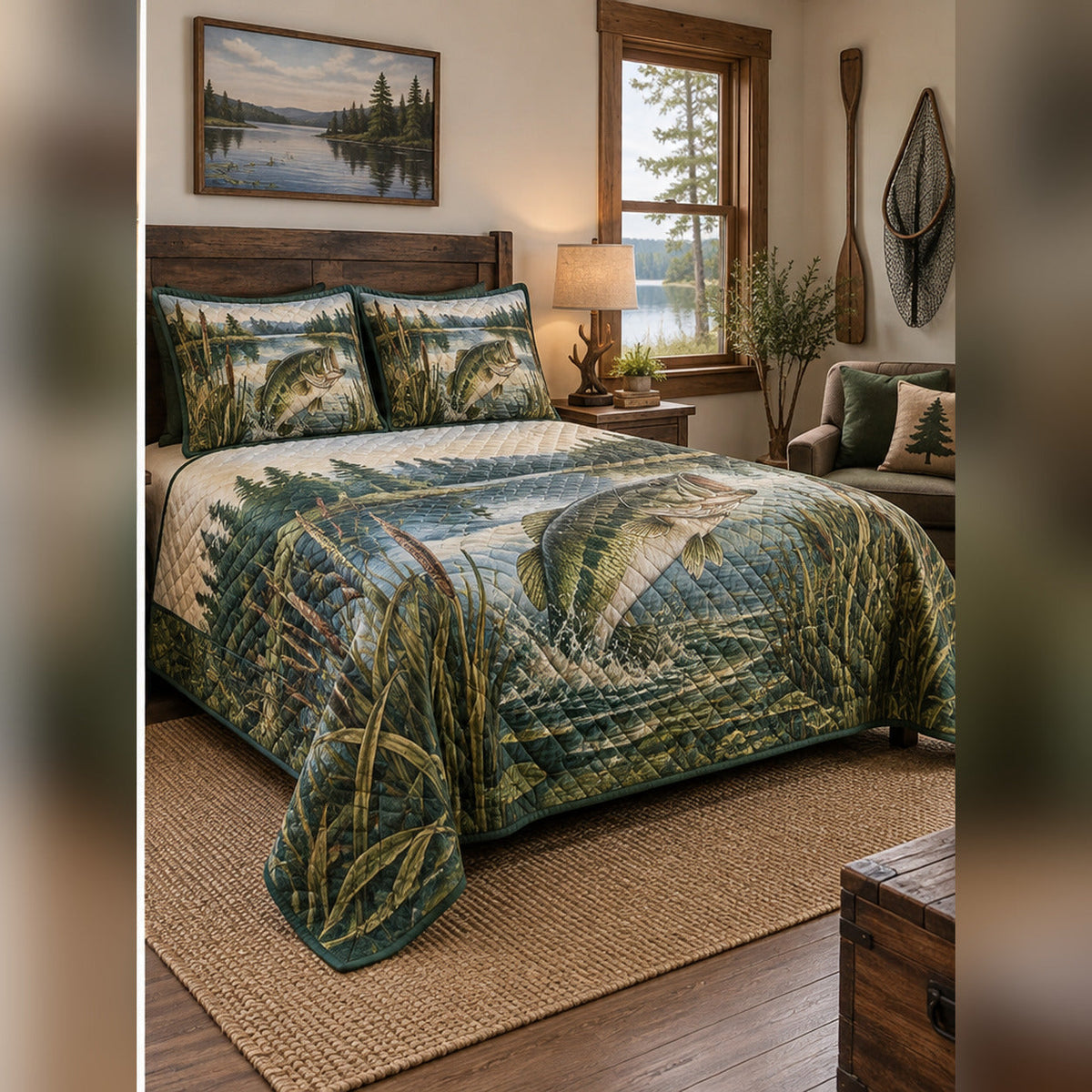 Lake Reeds Largemouth Bass Quilt Set, angled bass fishing bedroom view
