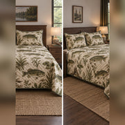 Vintage Bass Field Study Quilt Set, front bass fishing bedroom view