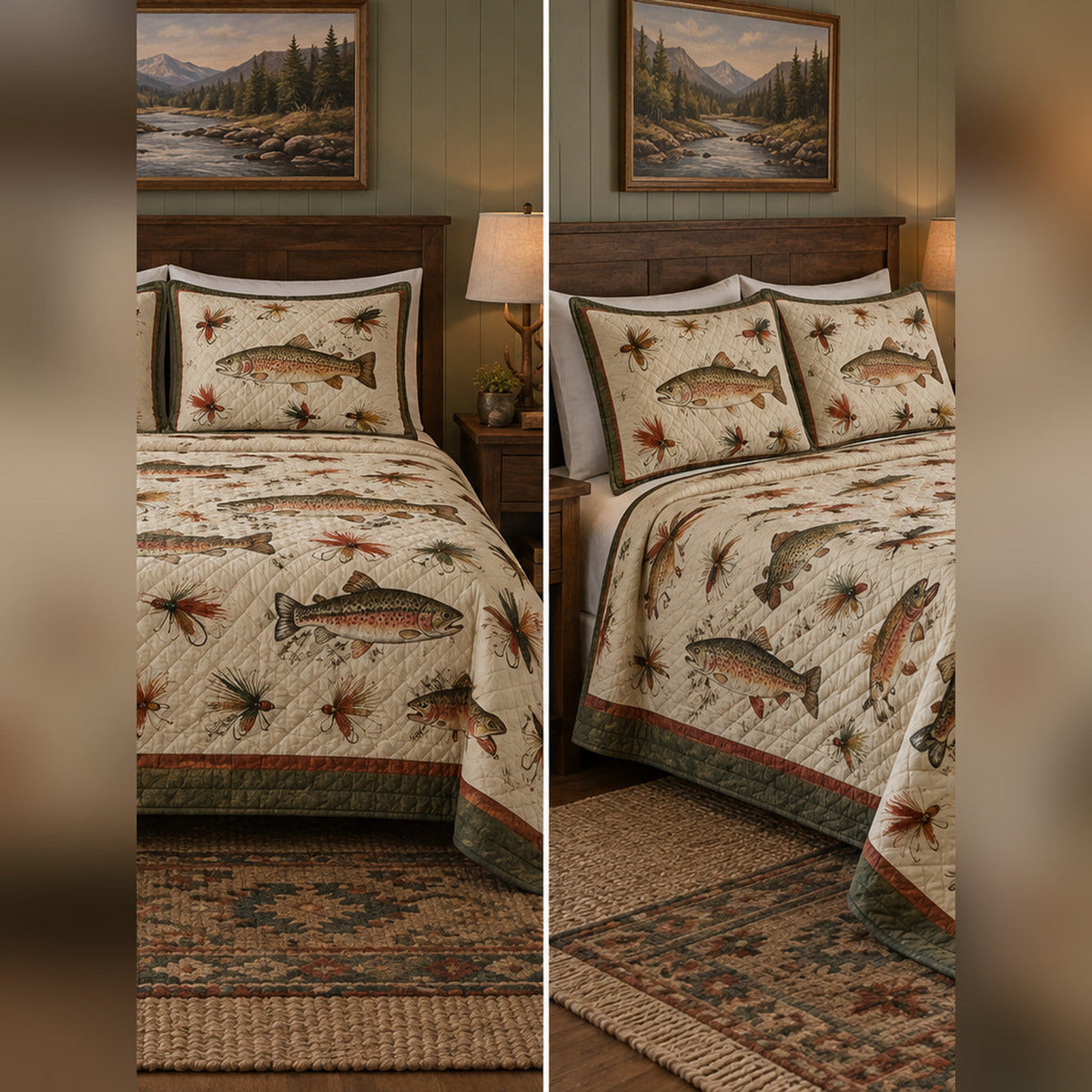 Vintage Trout and Flies Quilt Set, front fly fishing bedroom view