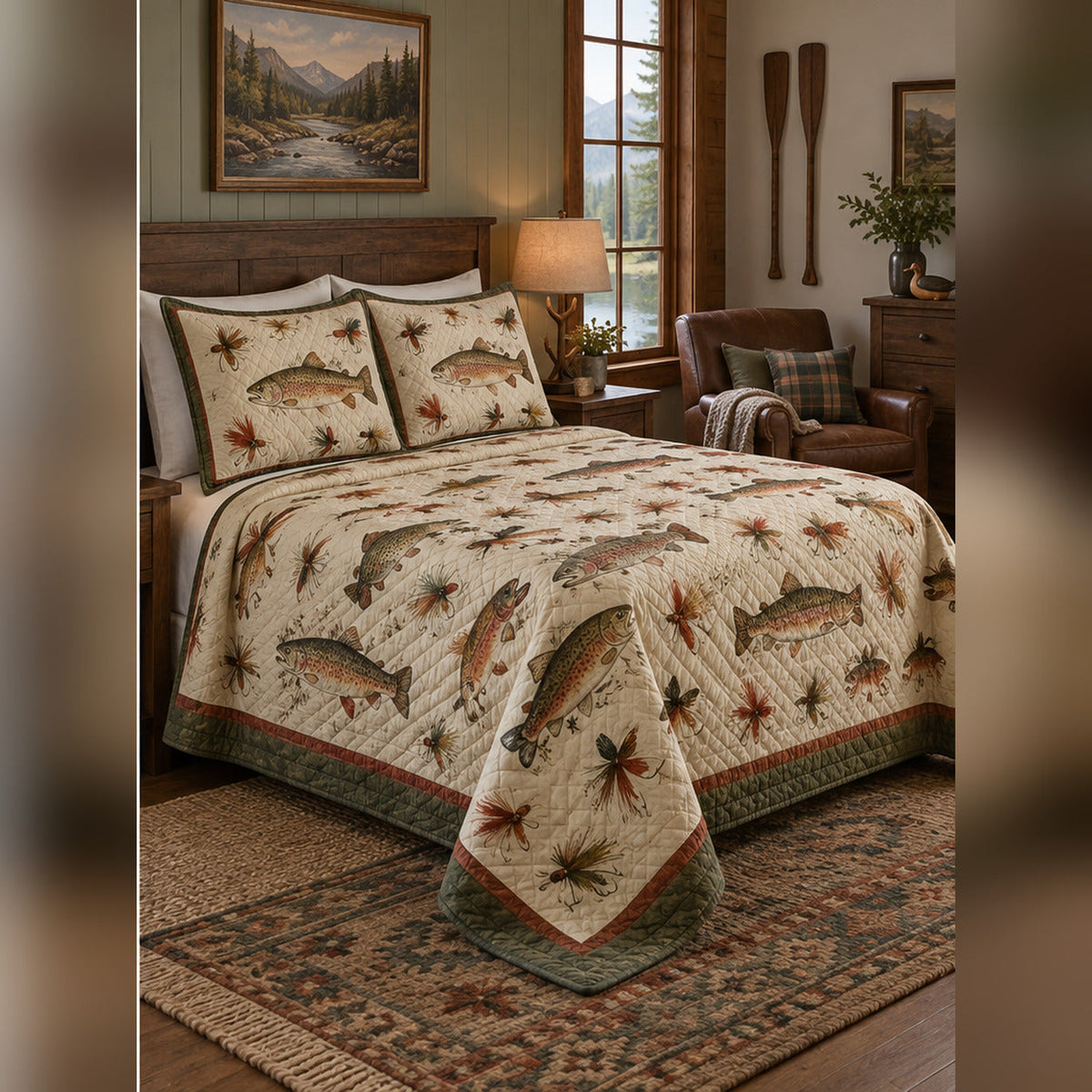 Vintage Trout and Flies Quilt Set, angled fly fishing bedroom view