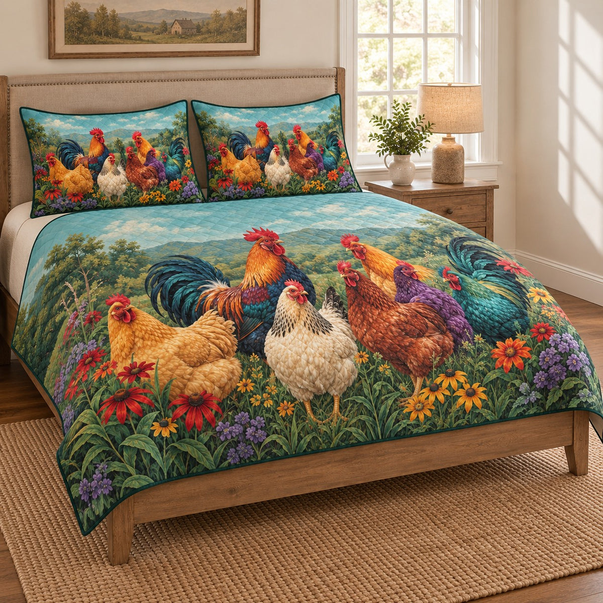 Colorful Rooster Wildflower Meadow Quilt Set: angled bedroom view showing the quilt artwork and coordinating shams