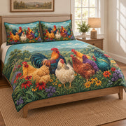 Colorful Rooster Wildflower Meadow Quilt Set: angled bedroom view showing the quilt artwork and coordinating shams