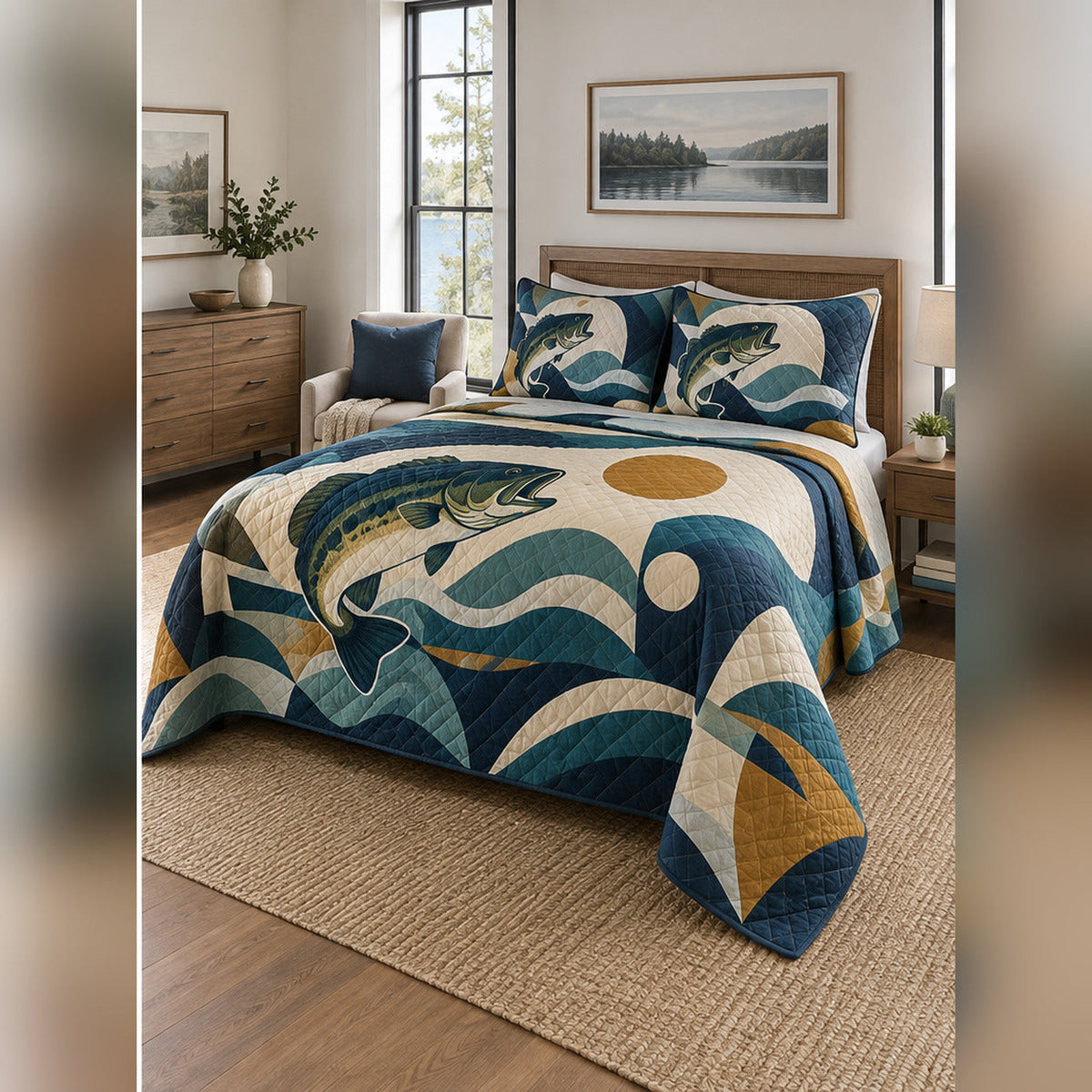 Modern Geometric Bass Quilt Set, angled bass fishing bedroom view