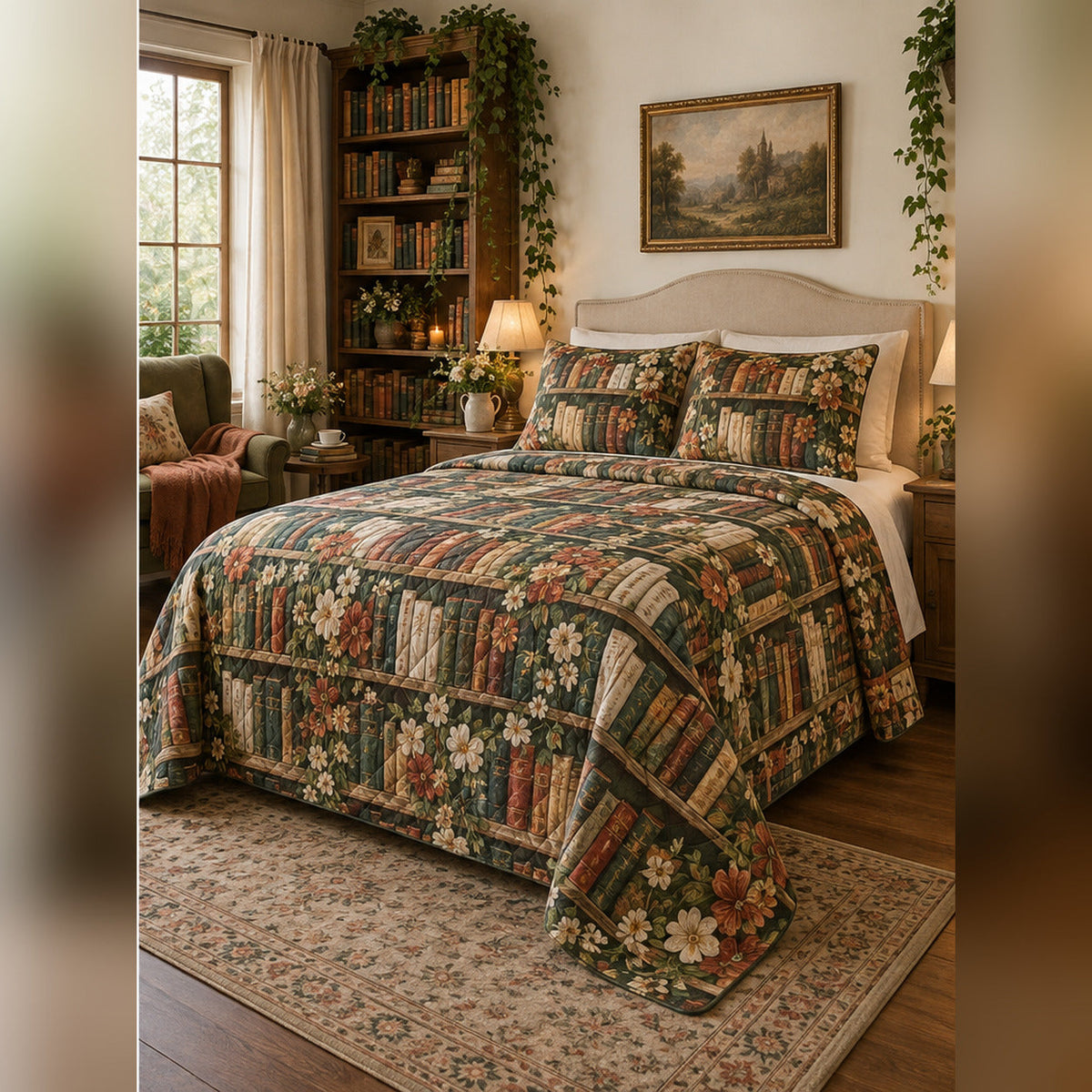 Vintage Botanical Library Quilt Set, angled librarian bedroom view
