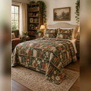 Vintage Botanical Library Quilt Set, angled librarian bedroom view