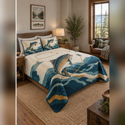 Modern Geometric Fly Fishing Quilt Set, angled fly fishing bedroom view