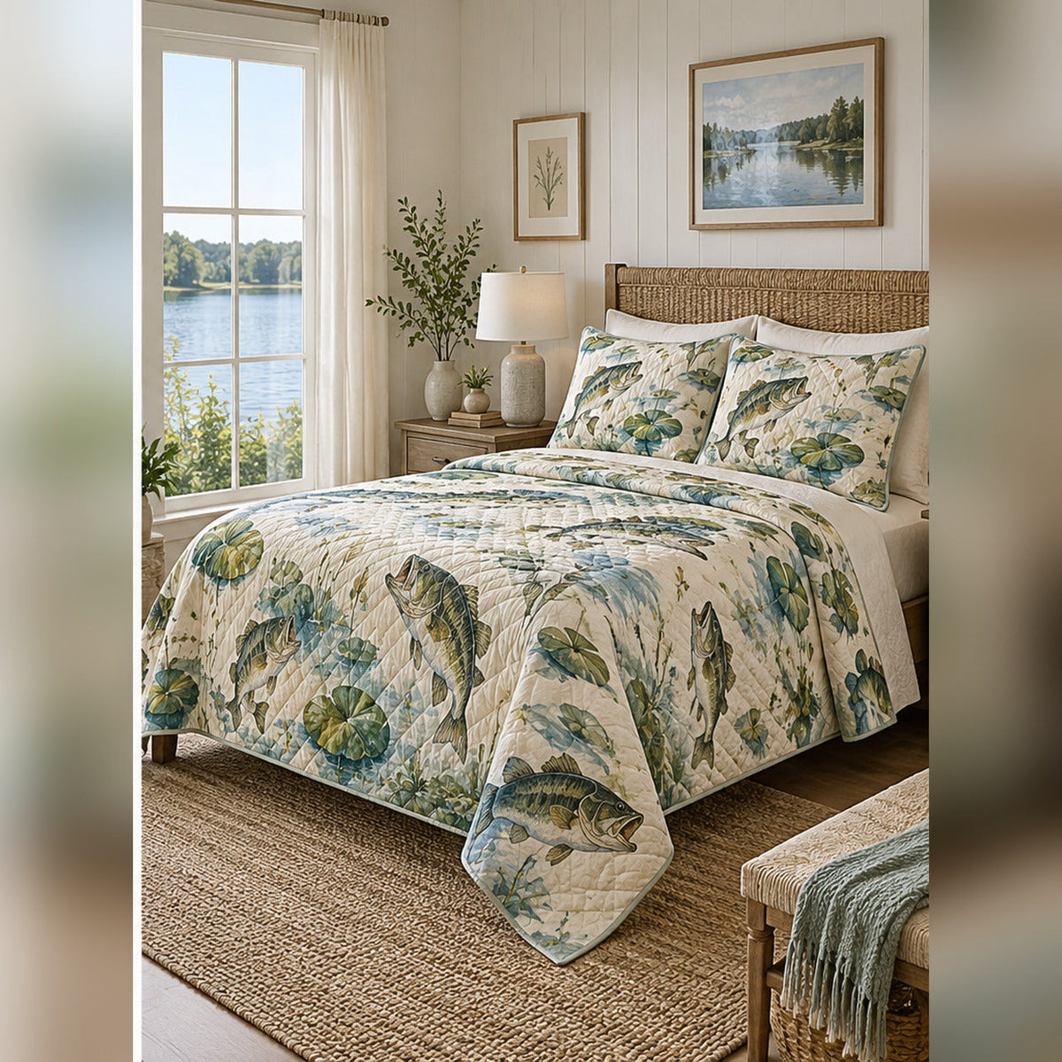 Watercolor Bass Pond Quilt Set, angled bass fishing bedroom view