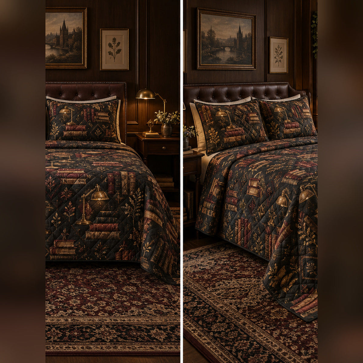 Dark Academia Reading Room Quilt Set, front librarian bedroom view
