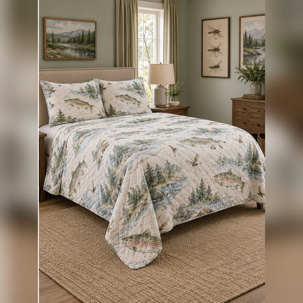 Watercolor Trout Stream Quilt Set, angled fly fishing bedroom view