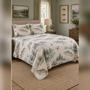 Watercolor Trout Stream Quilt Set, angled fly fishing bedroom view