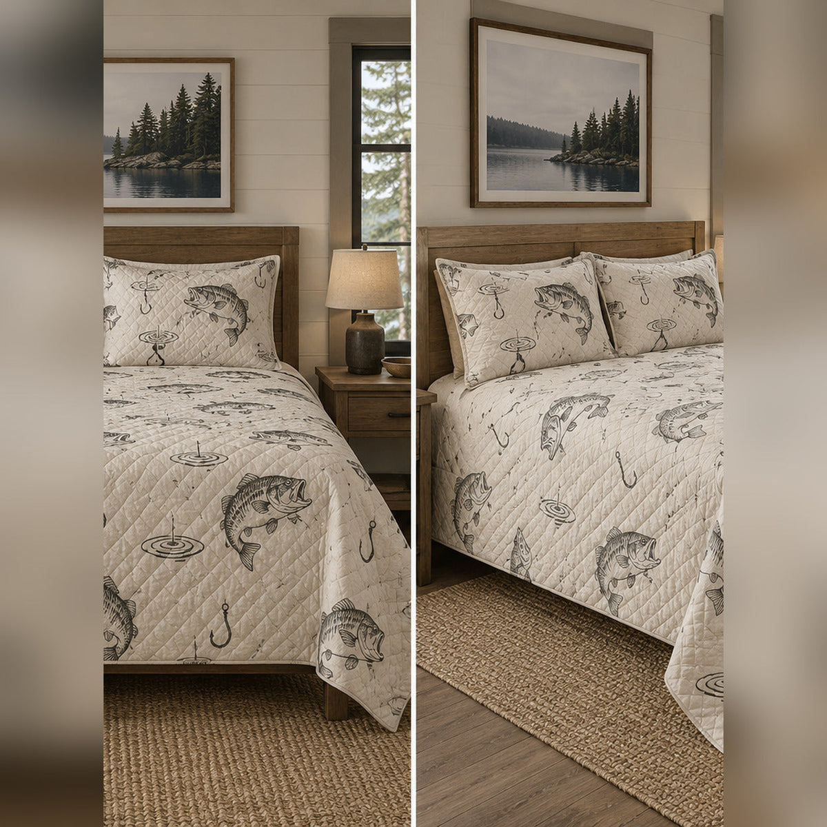 Minimal Bass Line Art Quilt Set, front bass fishing bedroom view