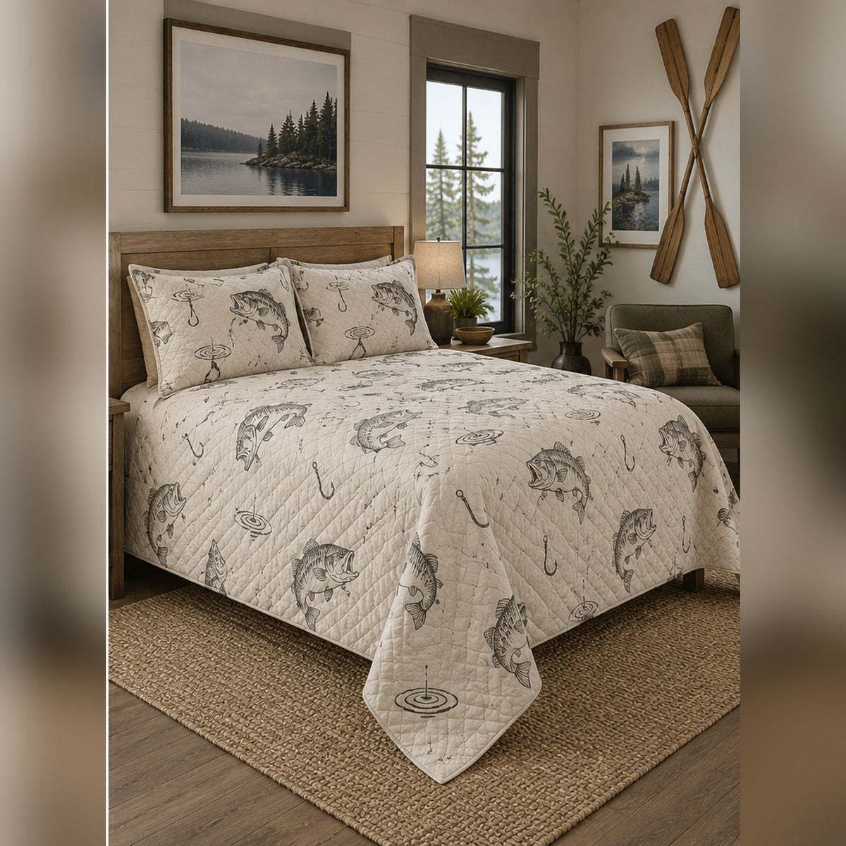 Minimal Bass Line Art Quilt Set, angled bass fishing bedroom view