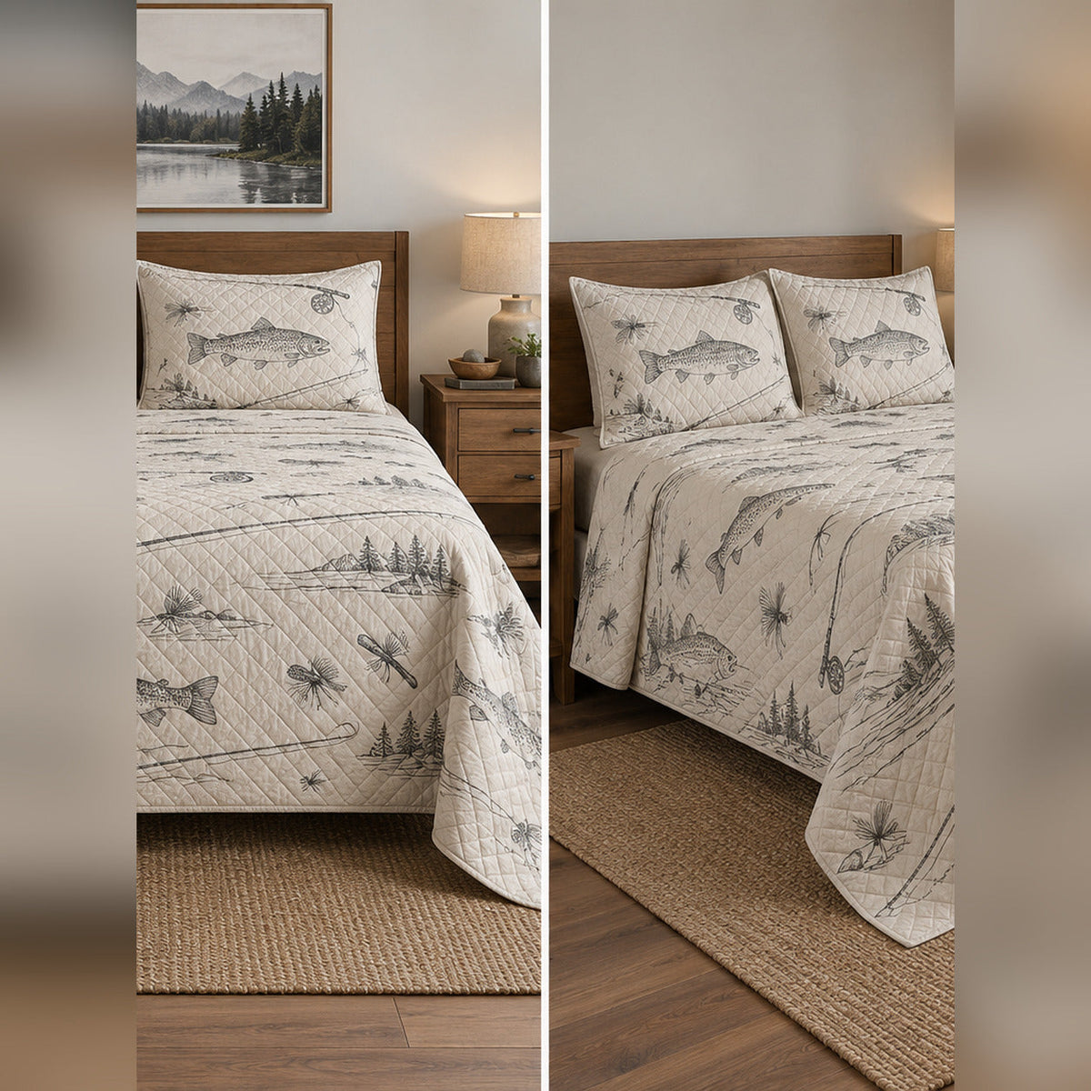 Minimal Fly Fishing Lines Quilt Set, front fly fishing bedroom view