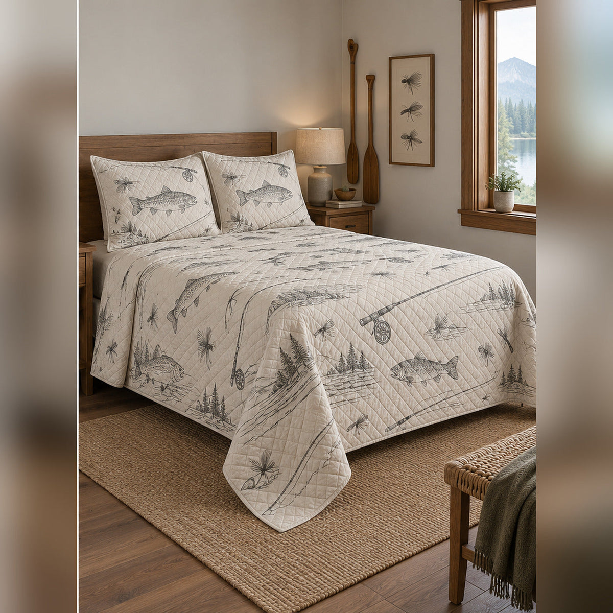Minimal Fly Fishing Lines Quilt Set, angled fly fishing bedroom view