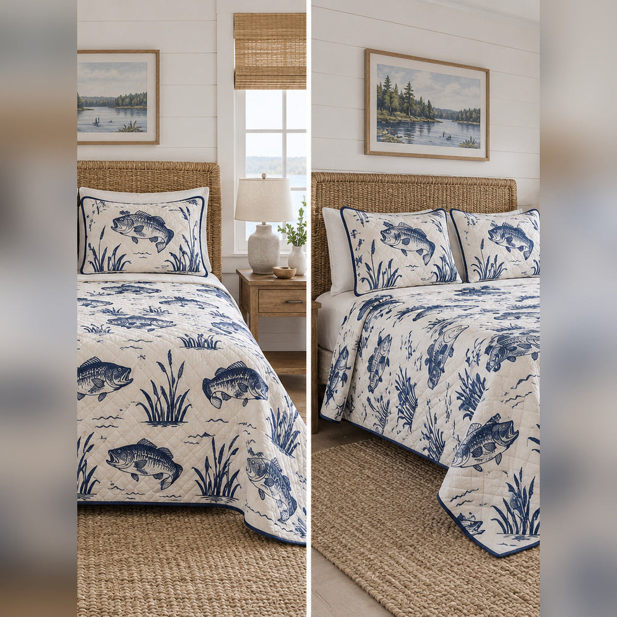 Indigo Bass Block Print Quilt Set, front bass fishing bedroom view