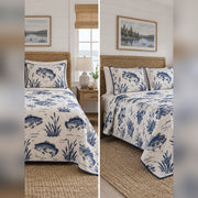 Indigo Bass Block Print Quilt Set, front bass fishing bedroom view