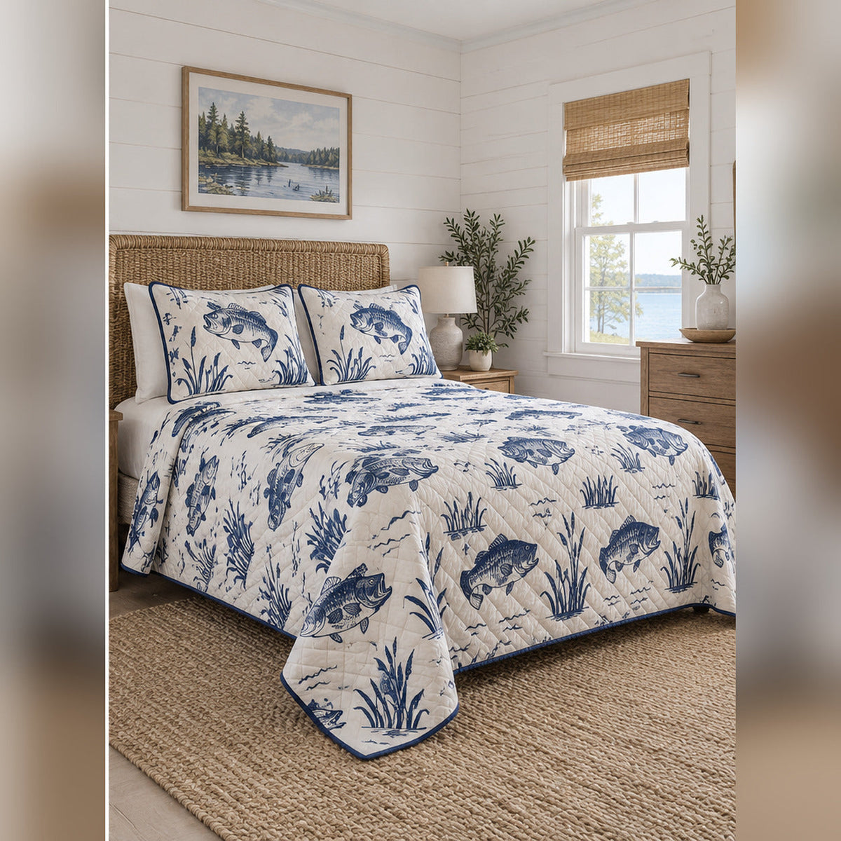 Indigo Bass Block Print Quilt Set, angled bass fishing bedroom view