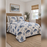 Indigo Bass Block Print Quilt Set, angled bass fishing bedroom view