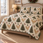 Christmas Chicken Evergreen Farmhouse Quilt Set: angled bedroom view showing the quilt artwork and coordinating shams