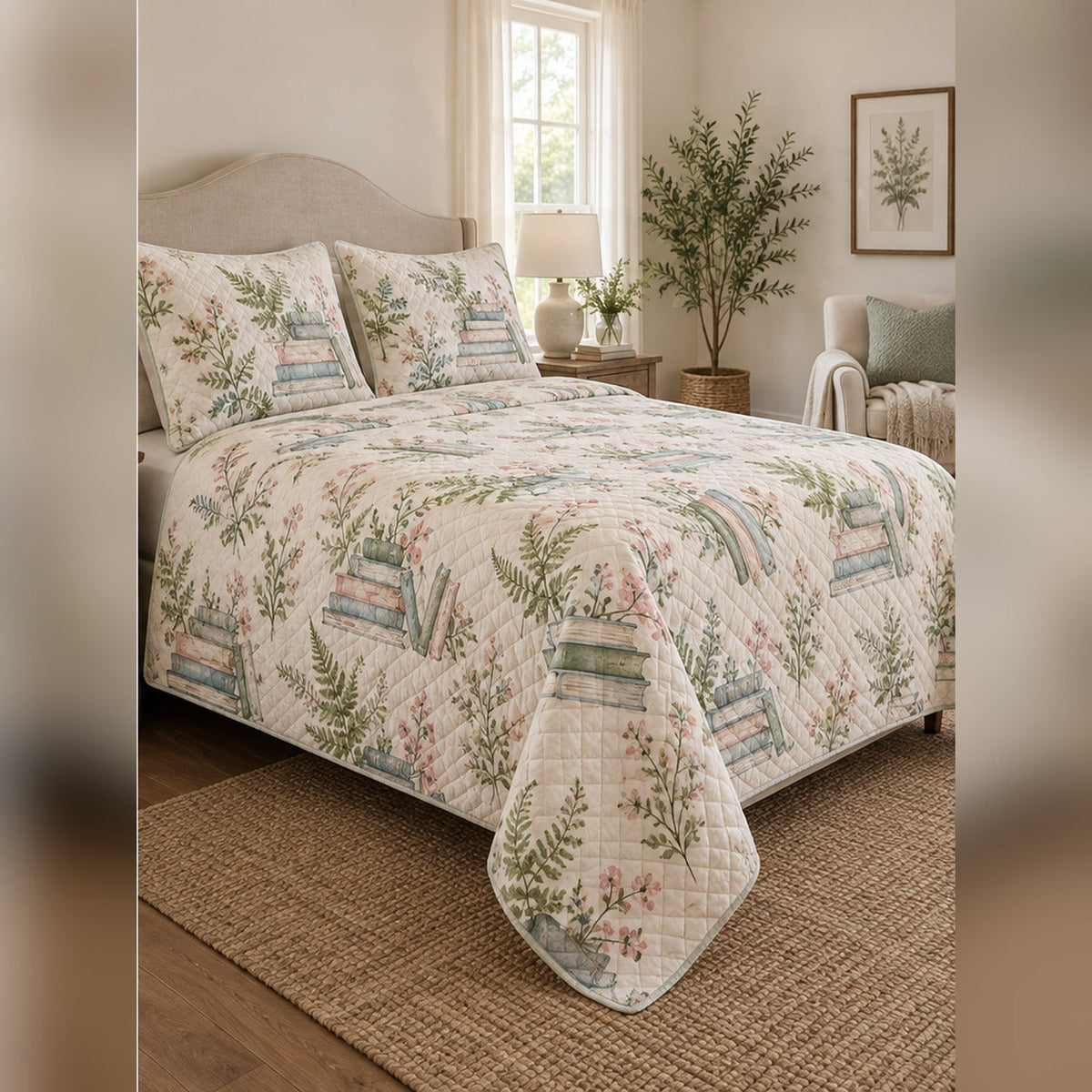 Watercolor Books and Ferns Quilt Set, angled librarian bedroom view