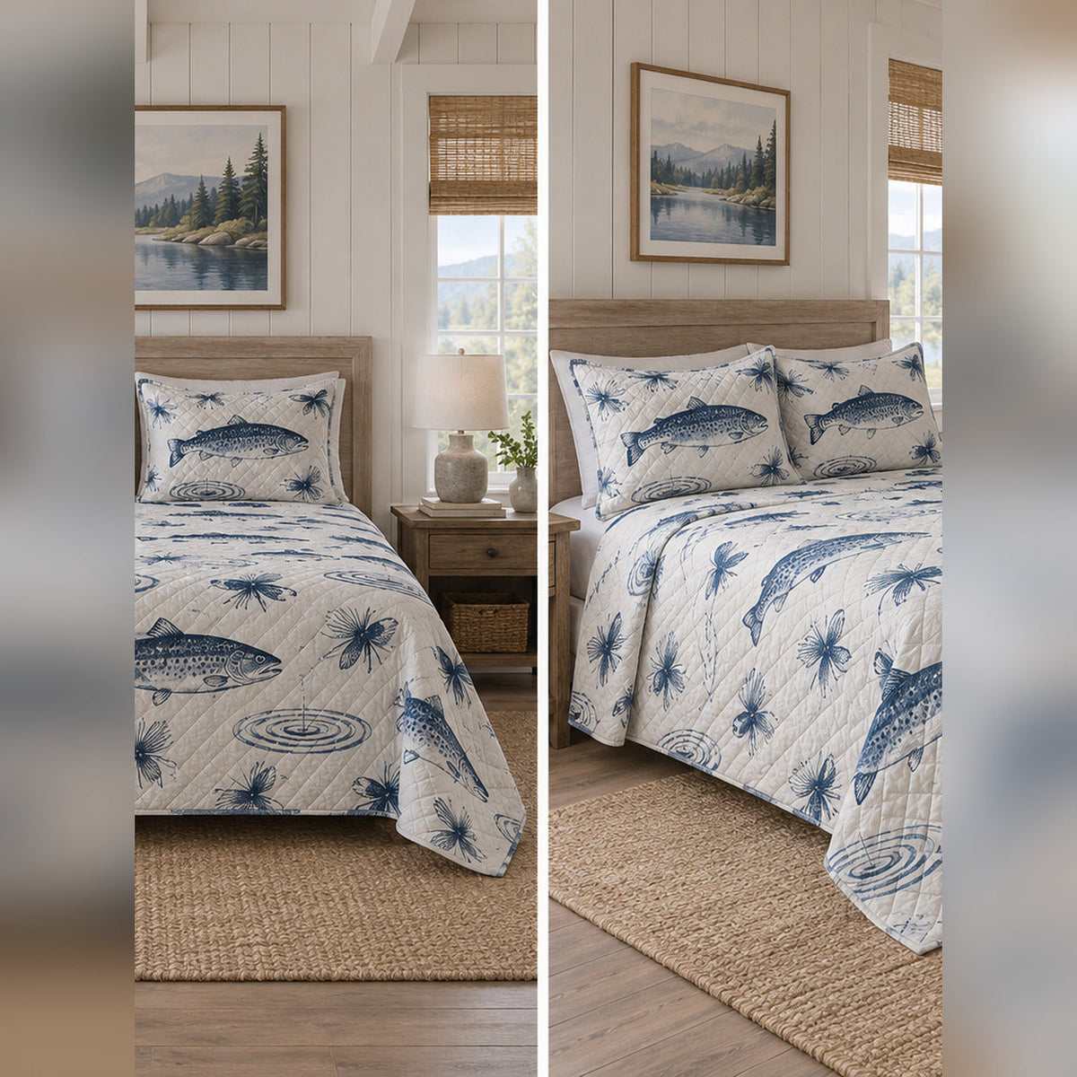 Indigo Trout Block Print Quilt Set, front fly fishing bedroom view