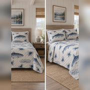 Indigo Trout Block Print Quilt Set, front fly fishing bedroom view