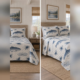 Indigo Trout Block Print Quilt Set