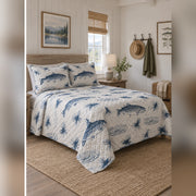 Indigo Trout Block Print Quilt Set, angled fly fishing bedroom view