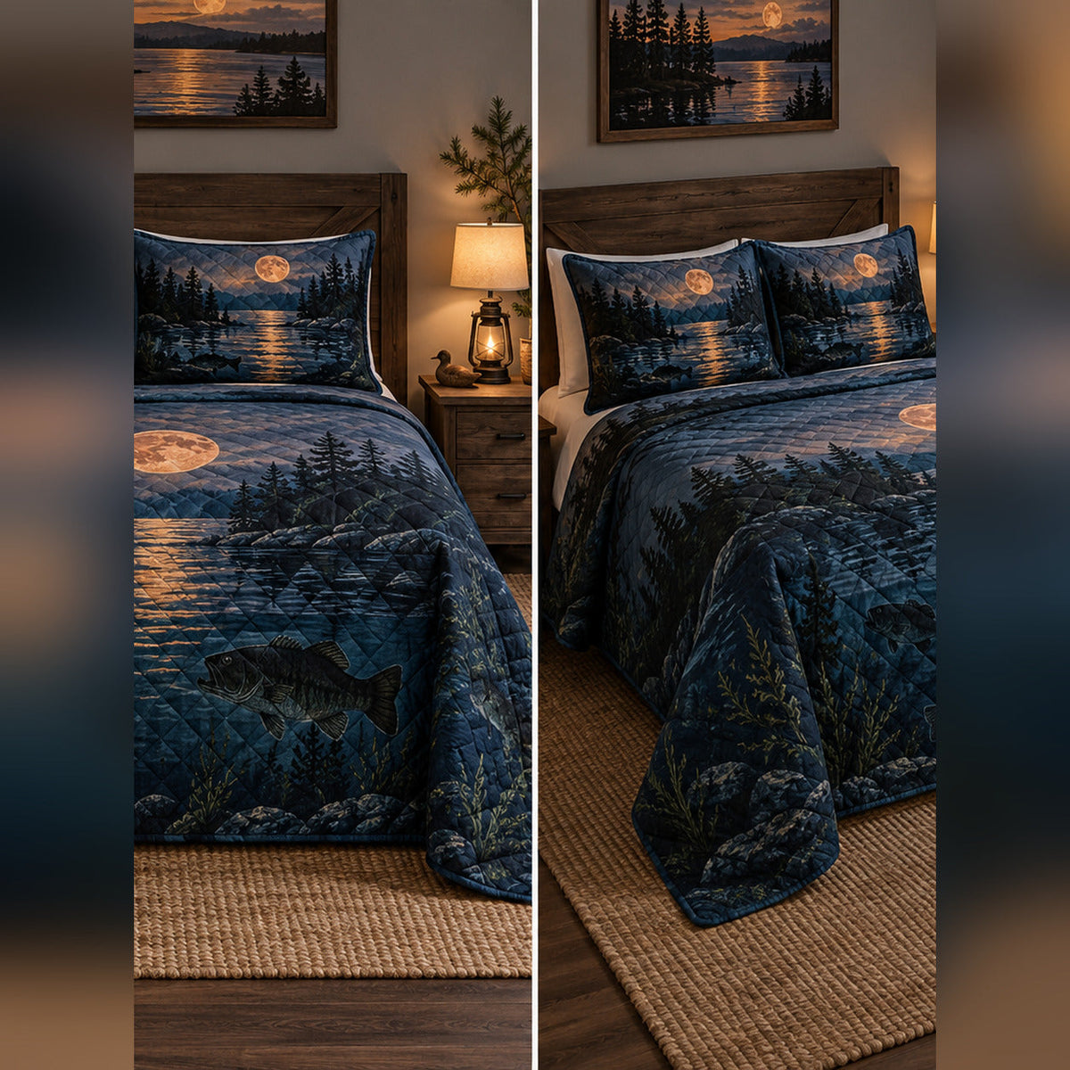 Moonlit Bass Lake Quilt Set, front bass fishing bedroom view