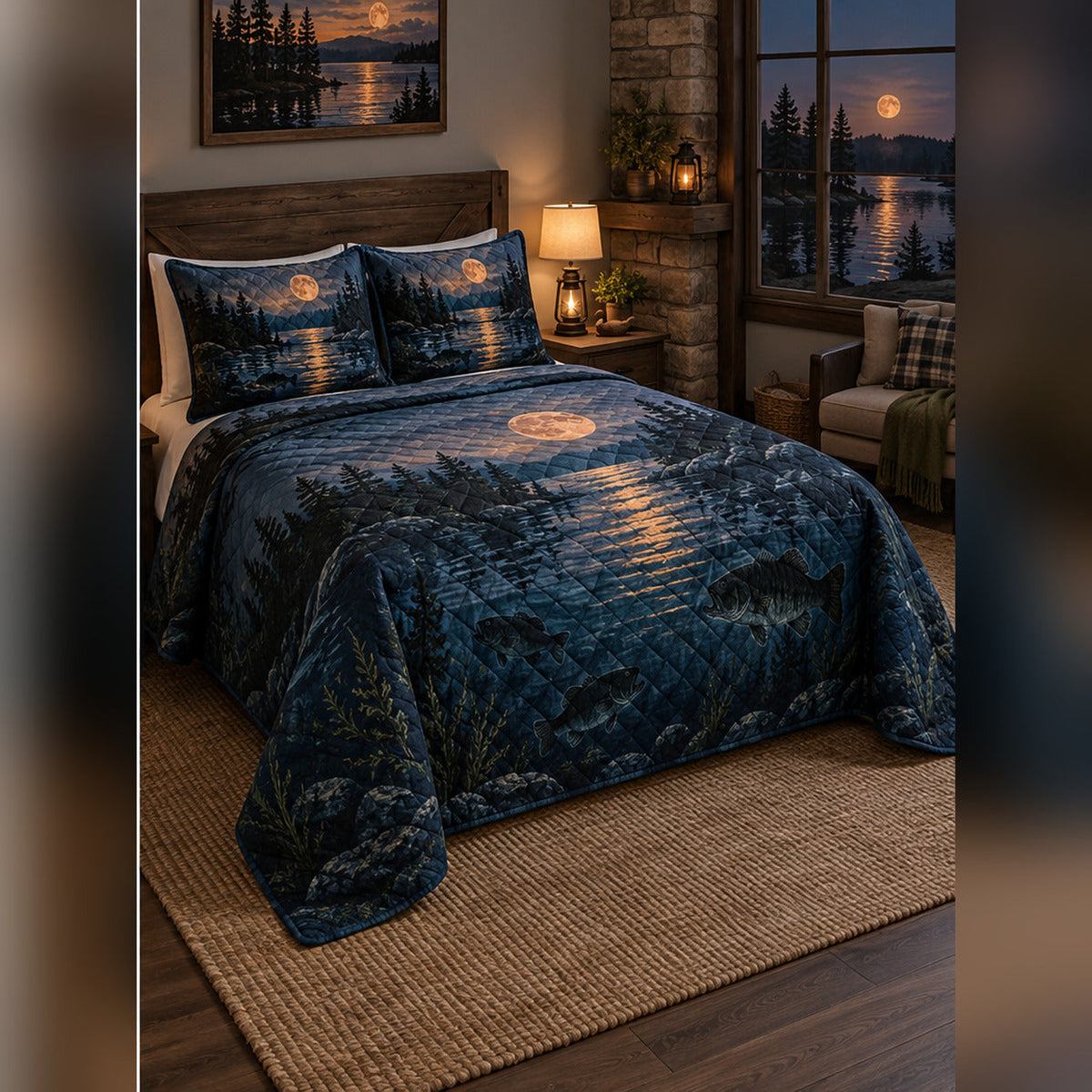 Moonlit Bass Lake Quilt Set, angled bass fishing bedroom view