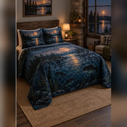 Moonlit Bass Lake Quilt Set, angled bass fishing bedroom view