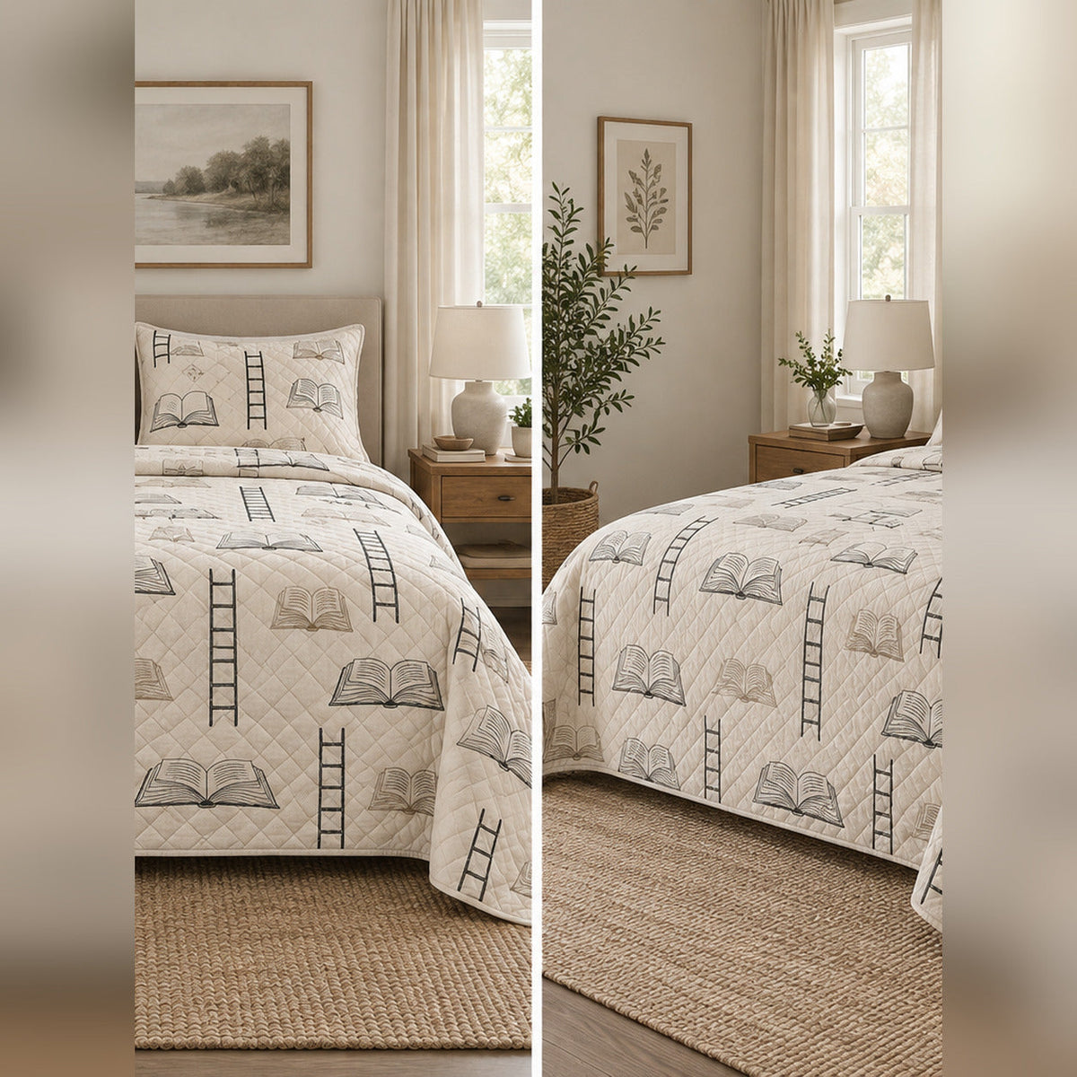Minimal Library Lines Quilt Set, front librarian bedroom view