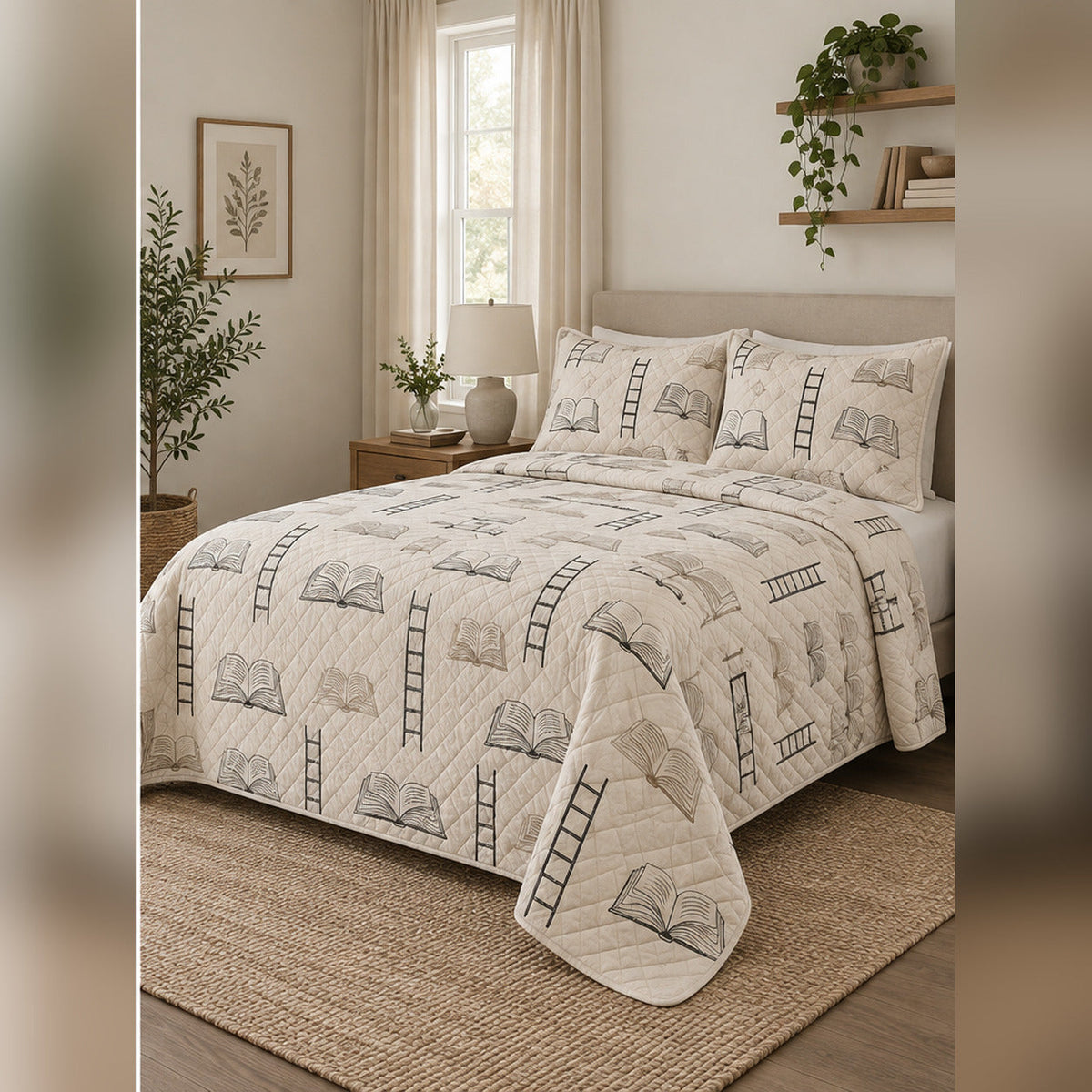 Minimal Library Lines Quilt Set, angled librarian bedroom view