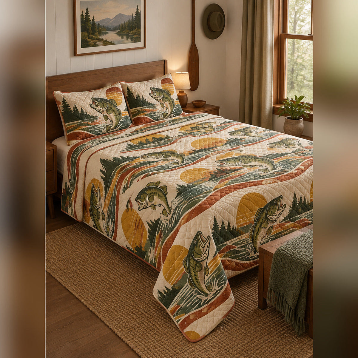 Retro Outdoors Bass Quilt Set, angled bass fishing bedroom view