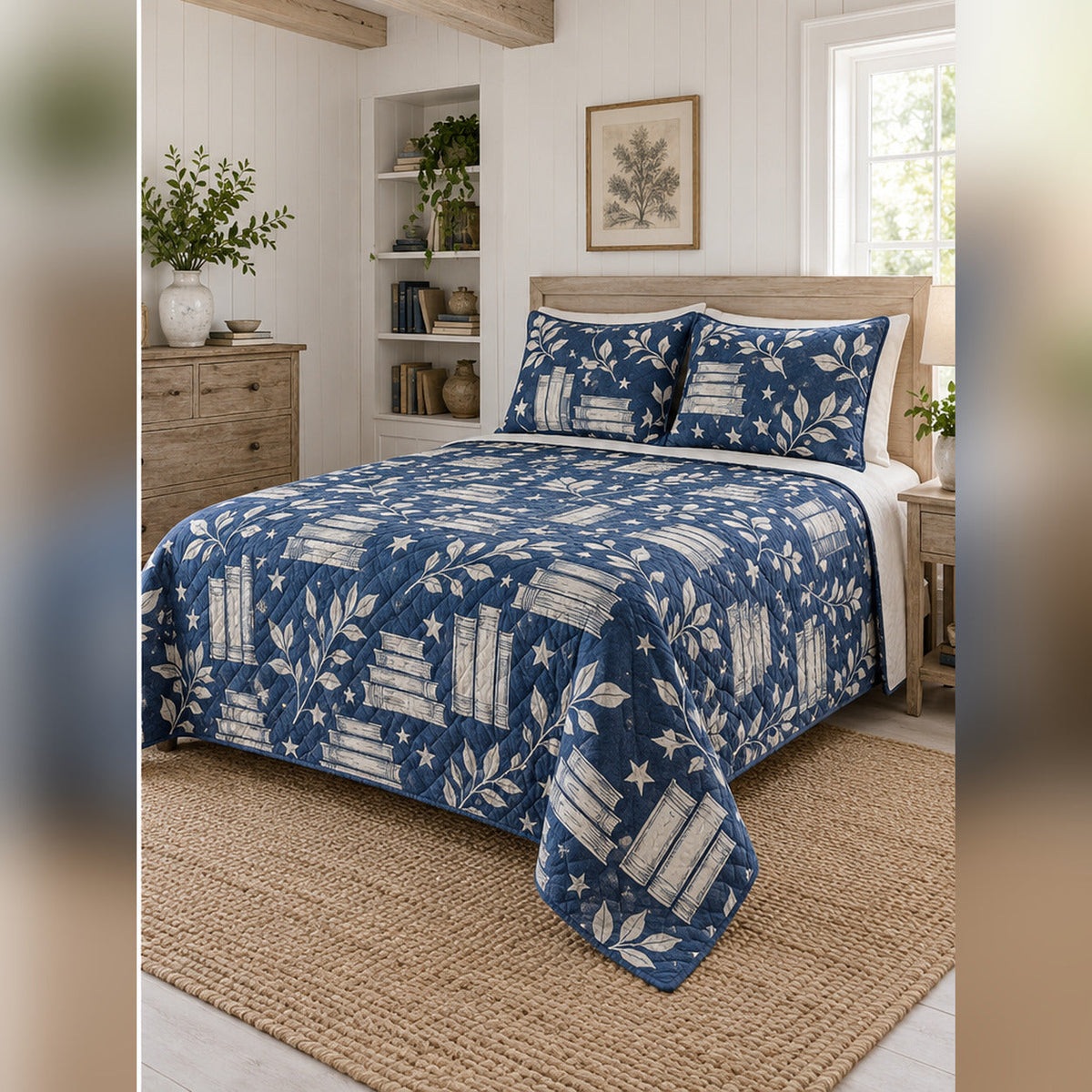 Indigo Book Block Print Quilt Set, angled librarian bedroom view