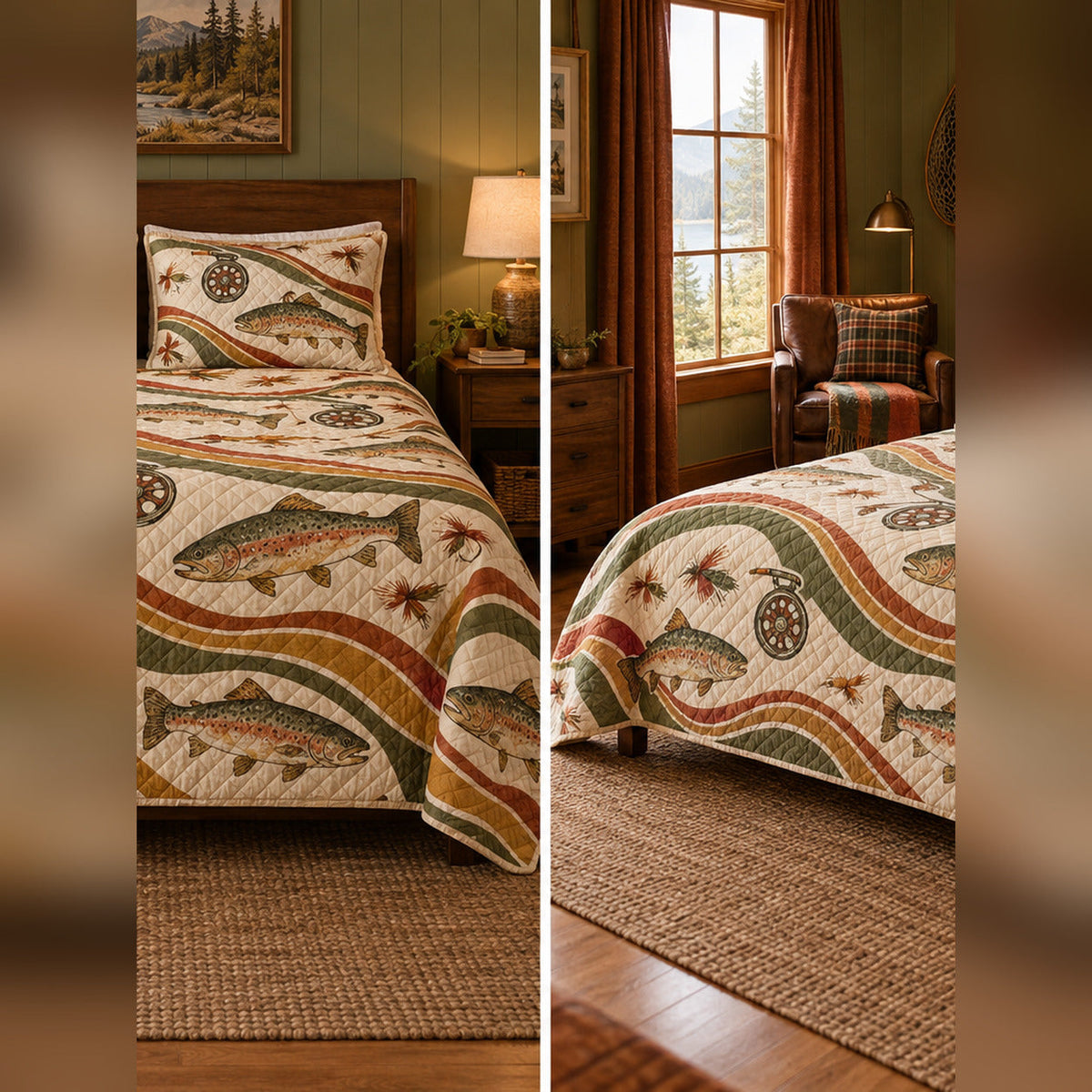 Retro Trout and Reel Quilt Set, front fly fishing bedroom view