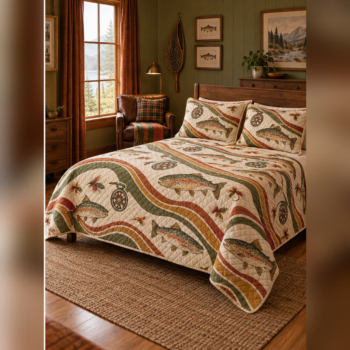 Retro Trout and Reel Quilt Set, angled fly fishing bedroom view