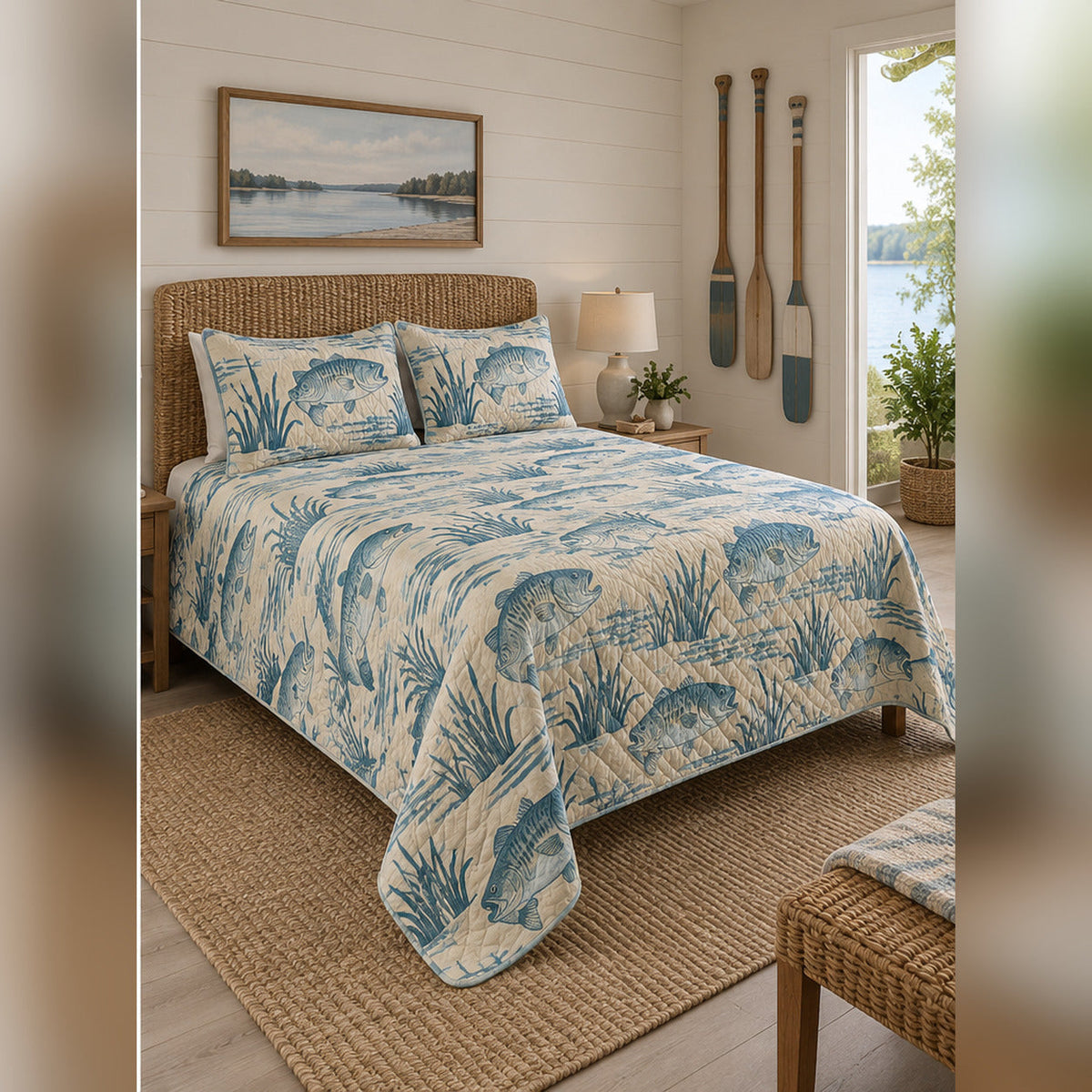 Coastal Blue Bass Quilt Set, angled bass fishing bedroom view