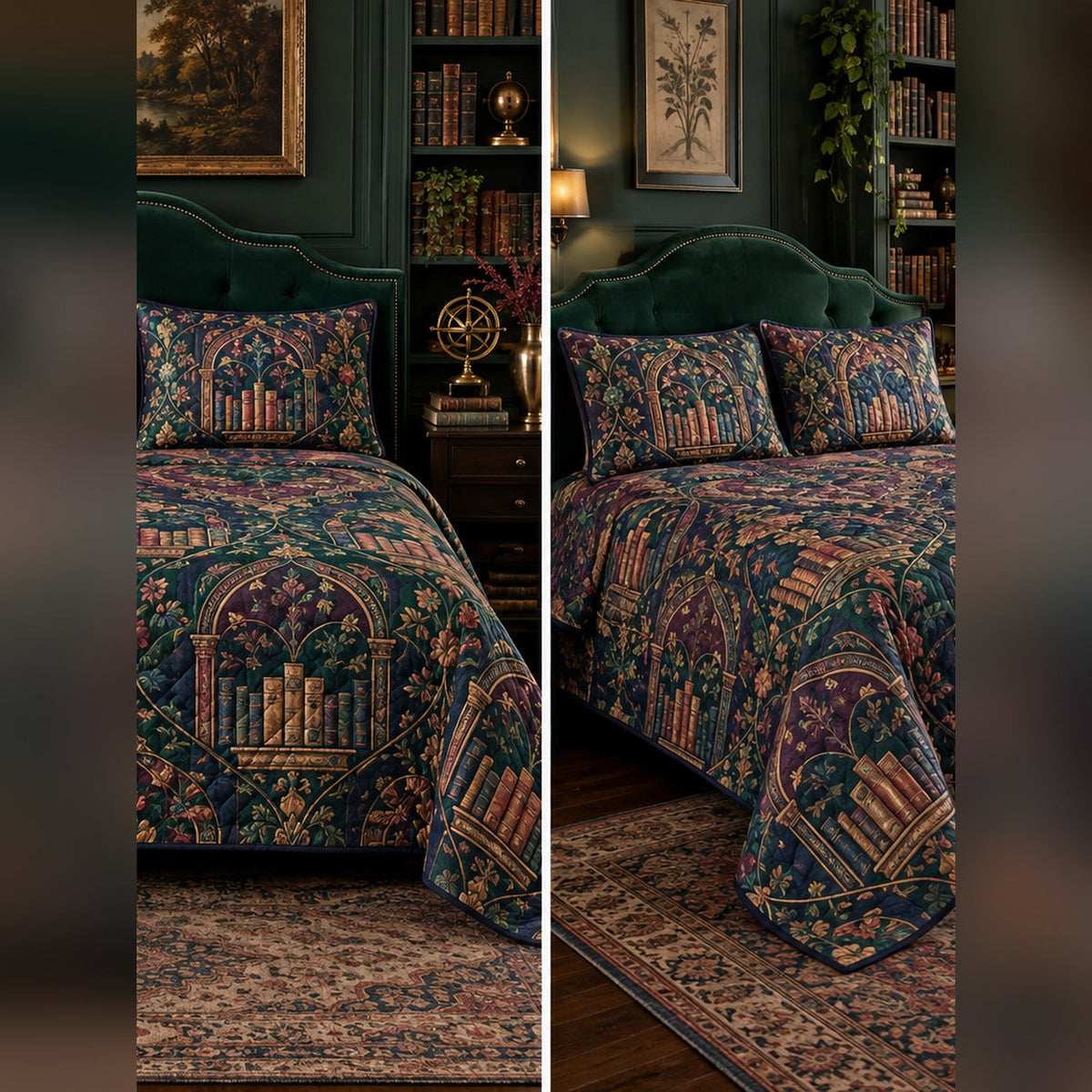 Jewel Tone Library Medallion Quilt Set, front librarian bedroom view