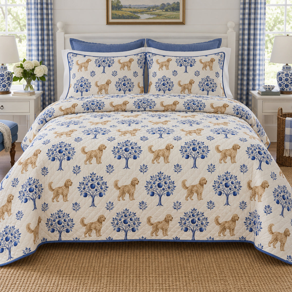 Blue Orchard Repeat Goldendoodle Quilt Set