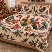 Christmas Rooster Trio Quilt Set, angled rooster bedroom view