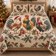 Christmas Rooster Trio Quilt Set, front rooster bedroom view