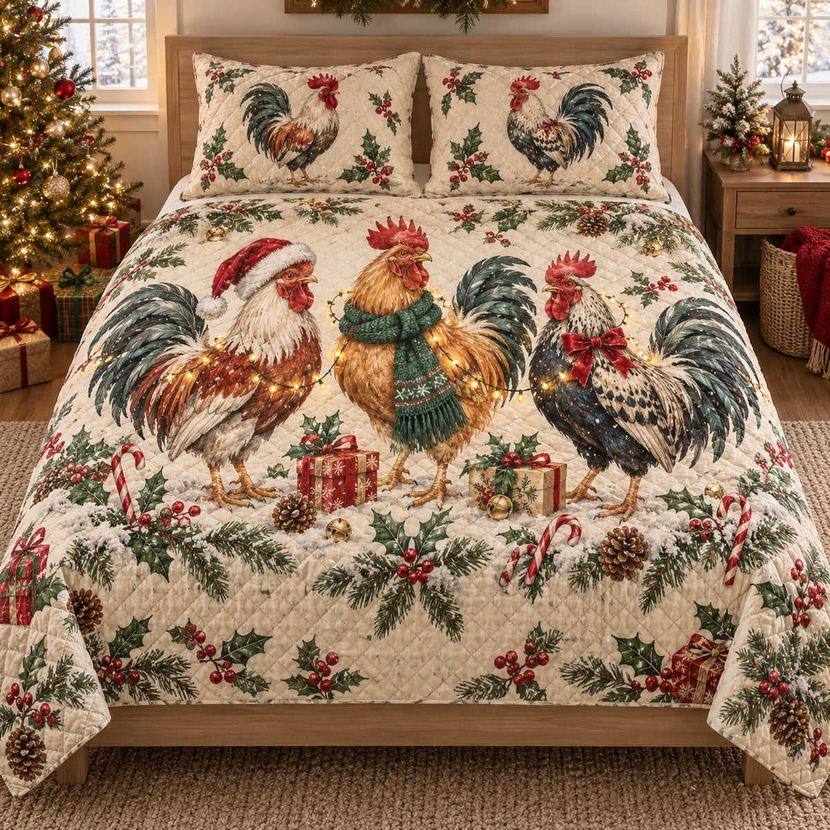 Christmas Rooster Trio Quilt Set, front rooster bedroom view